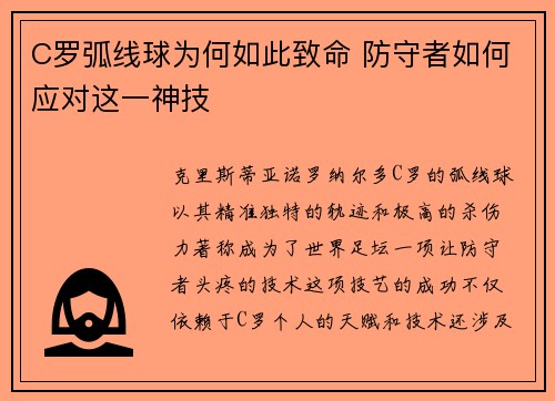 C罗弧线球为何如此致命 防守者如何应对这一神技